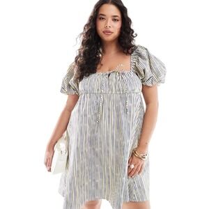 ASOS DESIGN Curve Size 24 Puffed Sleeve Smock Mini Dress Yellow Stripe NEW